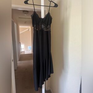 One Clothing- Black Asymmetrical Lace-Trim Slip Dress